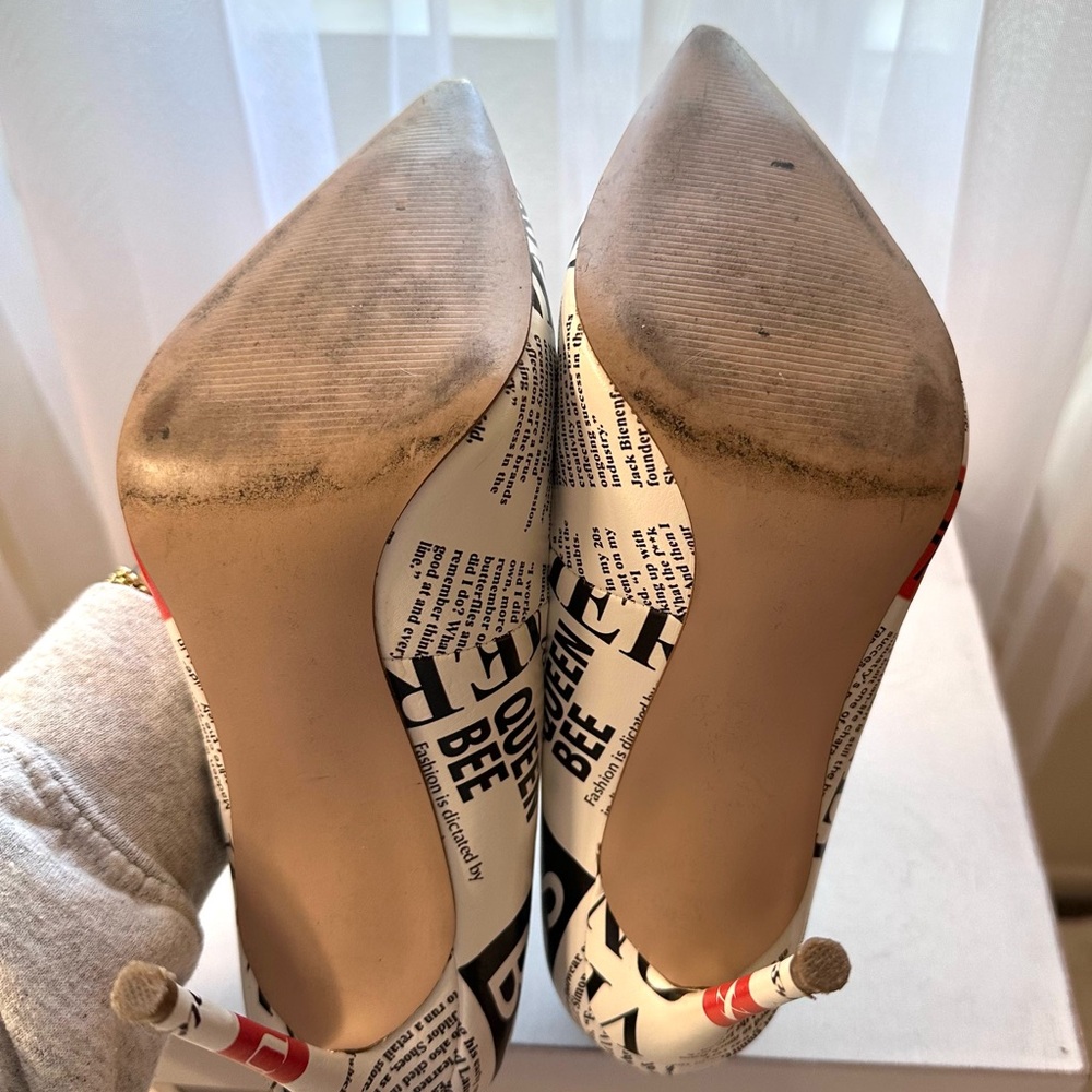 Steve Madden White Newspaper Print Pointed Toe Heels with Pink Accents - Picture 7 of 7